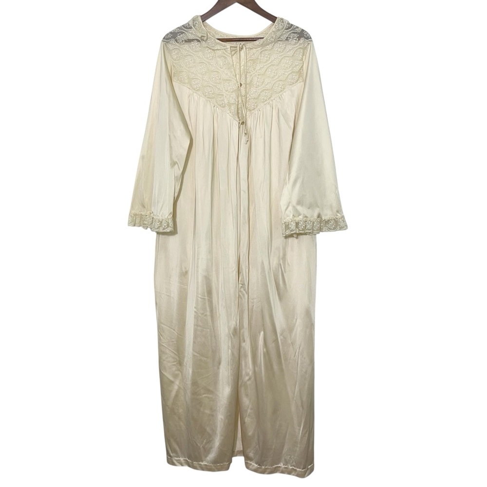 Vintage Ivory Satin Peignoir Robe Lace Yoke Long Nightgown Coquette Cottage